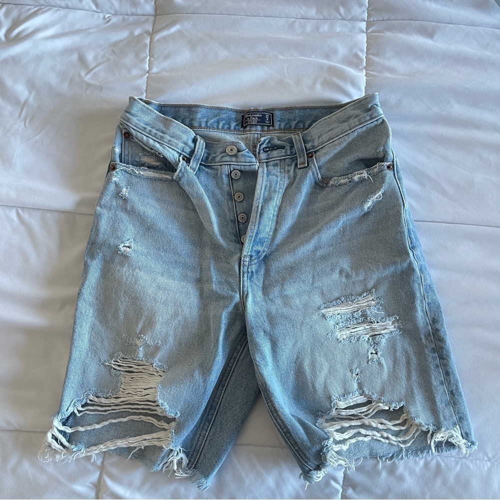 Long Distressed Jean Shorts Abercrombie and Fitch